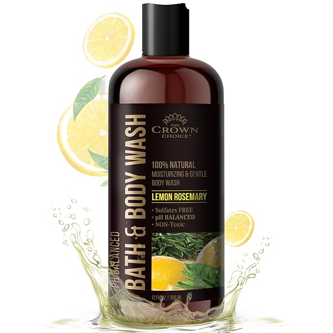 Natural Body Wash for Women, Men & Kids - Organic Lemon Rosemary - 12oz pH 5.5-Best pH Balance-Liquid Soap for All Skin Types-Moisturizing Sulfate & Chemical Free Shower / Bath Liquid Gel (1 PK)
