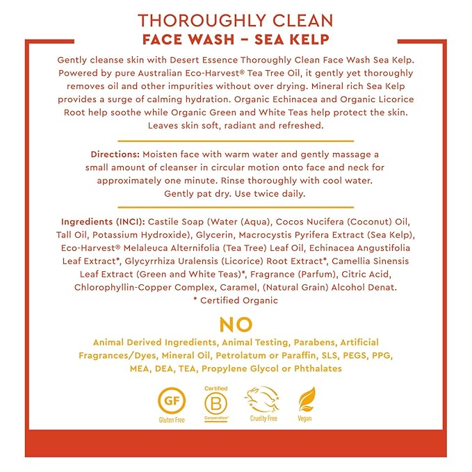 Desert Essence Thoroughly Clean Face Wash with Sea Kelp, Tea Tree Oil, Nourishing Castile Soap, Coconut Oil & More - Gently Remove Dirt & Impurities Without Drying Skin - Vegan, Sulfate Free - 8.5oz