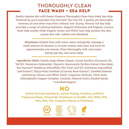 Desert Essence Thoroughly Clean Face Wash with Sea Kelp, Tea Tree Oil, Nourishing Castile Soap, Coconut Oil & More - Gently Remove Dirt & Impurities Without Drying Skin - Vegan, Sulfate Free - 8.5oz