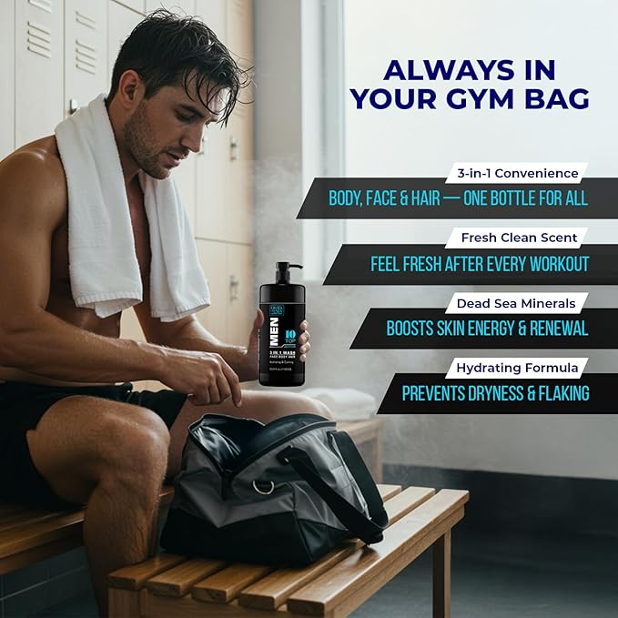 Dead Sea Collection Mens Body Wash 3 in 1 – TOP 10 ACTIVE Body Wash for Men – Shower Gel – Shampoo – Shower Soap for Face and Hair (33.8 Fl. Oz)