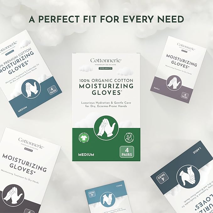 Cottonnerie Organic Cotton Gloves for Dry Hands Sleeping, Moisturizing Gloves Overnight, Hand Moisturizer Gloves, Moisture Gloves for Dry Hands Overnight, Sleeping Gloves, Small 4 Pairs