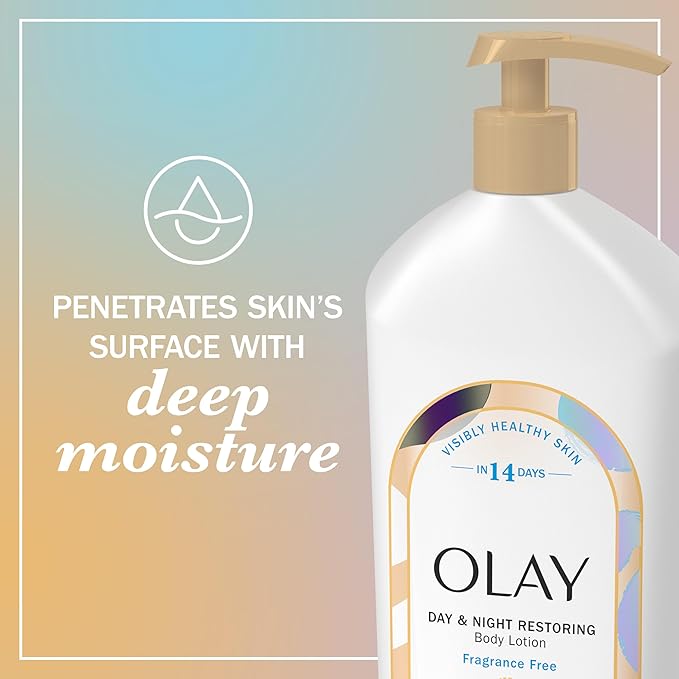 Olay Body Lotion for Women, Day & Night Restoring, 24hr Moisturizing & Deep Hydration, Absorbs Instantly, Penetrating Vitamin B3 Complex, For All Skin Types, Fragrance Free, 18 fl oz