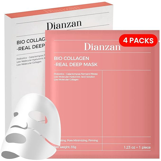 Dianzan Korean Overnight Bio-Collagen Mask, Deep Moisturizing, Firming, Glowing Glass Skin Mask, Brings Glass-Like Glow, Shrinks Pores, Diminishes Fine Lines, Gentle on Sensitive Skin, 35g x 4ea