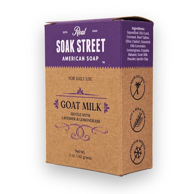 Real American Soap with Goat Milk, Lavender & Lemongrass (3 Pack) – Long-Lasting, Moisturizing Natural Bar Soap with Grass Fed-Tallow, Gentle Conditioning Lard, & Coconut Oil – Daily Use