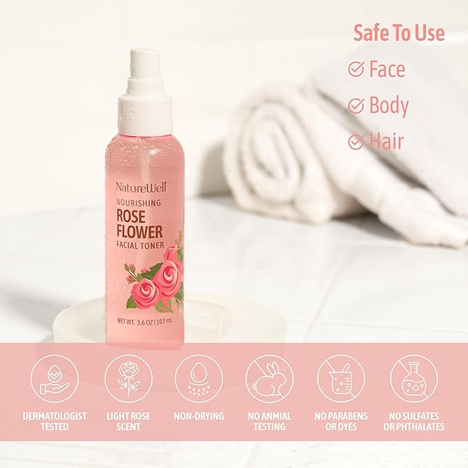 NATURE WELL Rose Water Hydrating Facial Toner Mist for Dewy & Radiant Skin, Refreshing, Conditioning, Soothing, Moisturizing, Perfect for Travel, 4 Fl Oz