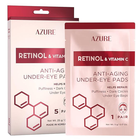 Azure Cosmetics Retinol & Vitamin C Anti Aging Under Eye Pads - Hydrating & Refreshing Eye Mask Patches - Reduces Fine Lines, Wrinkles, Dark Circles & Puffiness - Skin Care Made in Korea - 5 Pairs