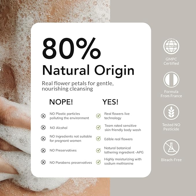 Kustie Jasmine Body Wash Deep Moisturizing Shower Gel with 640 Real Petals, Hyaluronic Acid, Niacinamide & Squalane, Rich Lather, Long-Lasting Natural Scent for Dry & Sensitive Skin, 24.3 fl oz