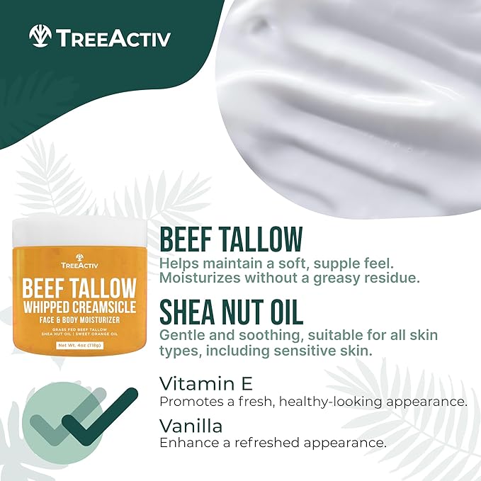 Beef Tallow Face Cream Body Moisturizer, All Natural Grass Fed Whipped Beef tallow For Skin, Deeply Hydrating & Nourishing Balm for Eczema Cracked Dry Itchy Irritated Skin Repair Skincare 4 fl oz