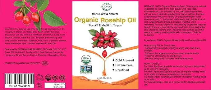 100% Pure Natural Rosehip Oil for Face, USDA Certified Organic, Cold Pressed, Extra Virgin, Hexane Free Rosehip Seed Oil for Anti-Aging, Acne Scar Treatment, Skin & Hair Care (4.22 oz/125 ml)