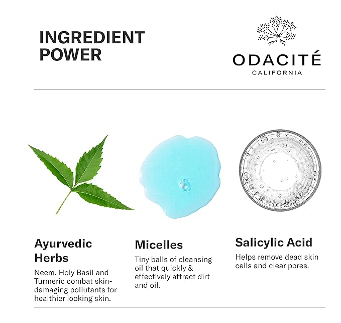 ODACITE Odacité Facial Cleanser with Foam - Blue Aura Cleansing Water Facial Wash with Neem, Holy Basil & Turmeric - No-Rinse Micellar Water Removes Pollution, Impurities & Makeup, 4.0 fl. Oz