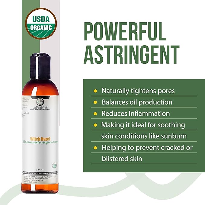 Organic Witch Hazel – 100% Pure Natural USP Astringent with 14% Alcohol | Hamamelis Virginiana Extract for Face, Skin, Hair & Wellness | Bulk & Gallon Options | 4 Fl Oz
