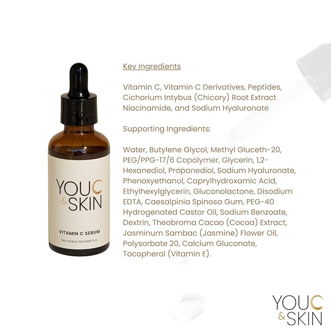 You C & Skin Vitamin C Serum 1.7 fl oz – Hydrating Face & Neck Serum for Men & Women – Lightweight, Non-Greasy Formula with Niacinamide & Peptides