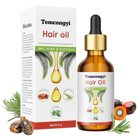 Rosemary hair oil, containing castor oil, batana oil, peppermint oil, promotes hair growth and prevents hair loss in men and women