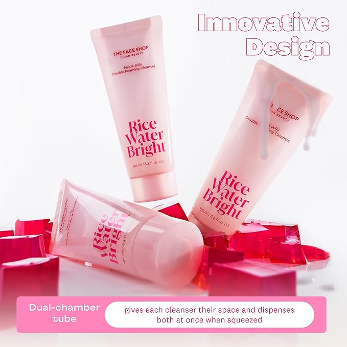 The Face Shop Rice Water Bright Double Foaming Cleanser, 2-in-1 Milky and Jelly Texture, Gentle Face Wash for Hydrating & Moisturizing, Makeup Remover, Korean Skin Care, Vegan, 6.4 fl. oz.