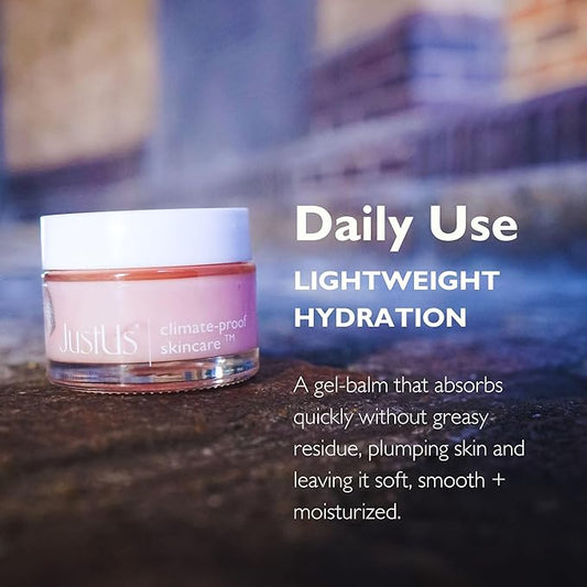 JustUs Skincare, Deep Hydration Gel Balm - Lightweight Daily Moisturizer for Face, primer + hydration, plumps, smooths + evens skin, with Alpha Arbutin, Tripeptides, Beta Glucan + Plum – 50ml / 1.67oz