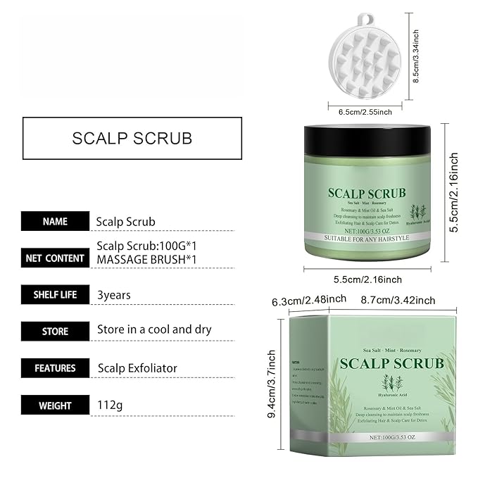 Scalp Scrub with Massaging Brush - 100g Sea Salt Exfoliator Infused with Rosemary & Peppermint Oil for Deep Cleansing, Hydrating Scalp Care Treatment