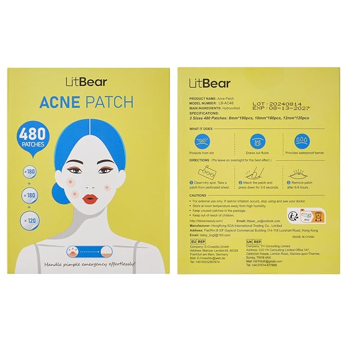 LitBear Pimple Patch Bulk, 480 Patches 3 Size Acne Patches for Face, Hydrocolloid Spot Stickers for Covering Zits, Blemishes, and Breakouts, Suitable for All Skin Types
