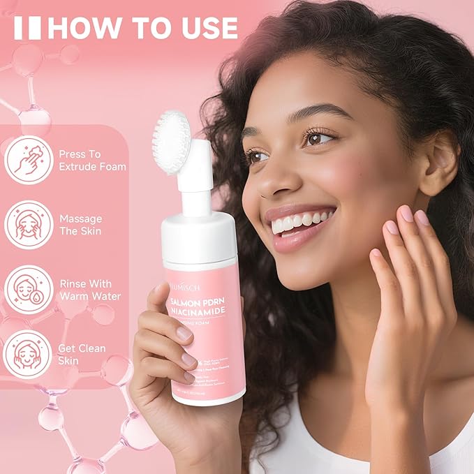 Salmon DNA PDRN Facial Cleanser | Low pH Hydrating Daily Foaming Face Wash with Soft Massage Heads | PDRN, Collagen & LHA | Gentle Pore Care & Radiant, Balanced-Looking Skin | 4.23 oz