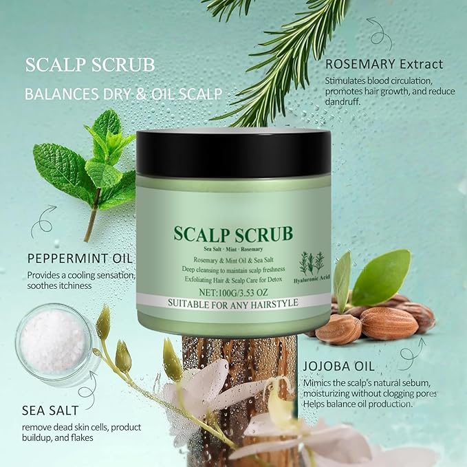 Scalp Scrub with Massaging Brush - 100g Sea Salt Exfoliator Infused with Rosemary & Peppermint Oil for Deep Cleansing, Hydrating Scalp Care Treatment