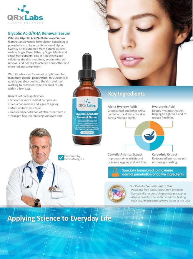 QRxLabs Glycolic Acid Renewal Face Serum - 1 fl oz - Anti-Aging, Brightening & Exfoliating Treatment for Dark Spots, Fine Lines & Wrinkles - Skincare