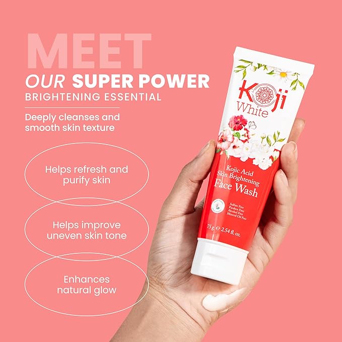 Koji White Kojic Acid Skin Brightening Face Wash for Exfoliating Face, Hydrating Face Moisturizer, Vegan Face Wash, Even Skin Tone with Vitamin C, Flower Extracts, Vitamin E, 2.54 Fl Oz