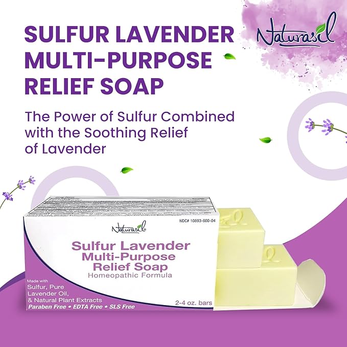 Naturasil 10% Sulfur Lavender Soap Treatment Natural Relief for Acne, Bug Bites, Warts, Mites, Eczema, Itching, Discomfort | for Kids & Adults: Face & Body Soap | 4oz Bars (2)