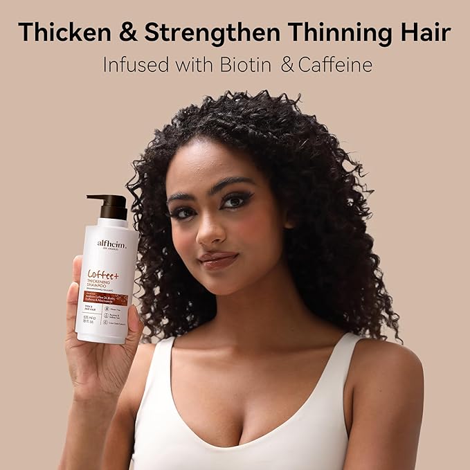 Alfheim Coffee+ Thickening Shampoo | Caffeine, Biotin & Niacinamide for Hair Growth & Strength | Volumizing & Hydrating Formula for Thinning & Fine Hair | Sulfate-Free, Color-Safe -18oz