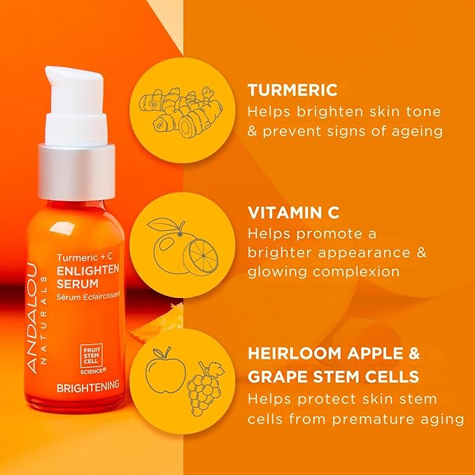 Andalou Naturals Turmeric + Vitamin C Enlighten Serum | Illuminating Face Treatment for Uneven Tone & Sun Damage | With Turmeric and Fruit Stem Cells | 1.1 fl oz