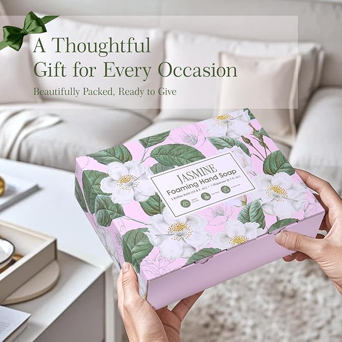 Natural Jasmine Foaming Hand Soap Refills 3-Pack (33.8 Fl Oz Each) with Dispenser - Plant-Based, Non-Toxic, Large Volume for Kitchen, Bathroom - Great Value Gift Set for Housewarming