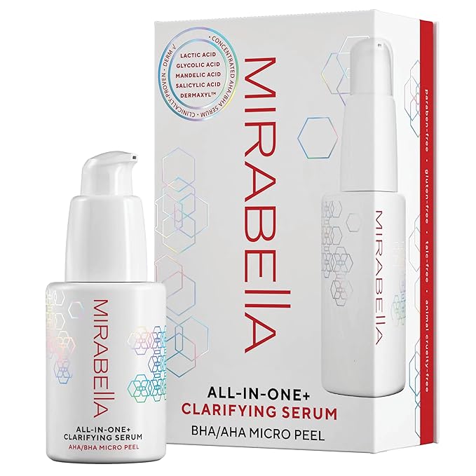 Mirabella All In One Clarifying Serum Micro Peel for Anti Aging - Hydrating 7% Glycolic Acid & 8.8% Lactic Acid Serum Face Peel with AHA BHA Exfoliant, 1 Oz