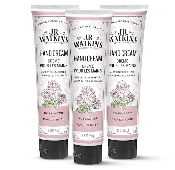 J.R. Watkins Natural Moisturizing Hand Cream, Hydrating Hand Moisturizer with Shea Butter, Cocoa Butter, and Avocado Oil, Cruelty Free, 3.3oz, Rosewater, 3 Pack