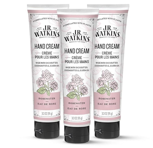 J.R. Watkins Natural Moisturizing Hand Cream, Hydrating Hand Moisturizer with Shea Butter, Cocoa Butter, and Avocado Oil, Cruelty Free, 3.3oz, Rosewater, 3 Pack
