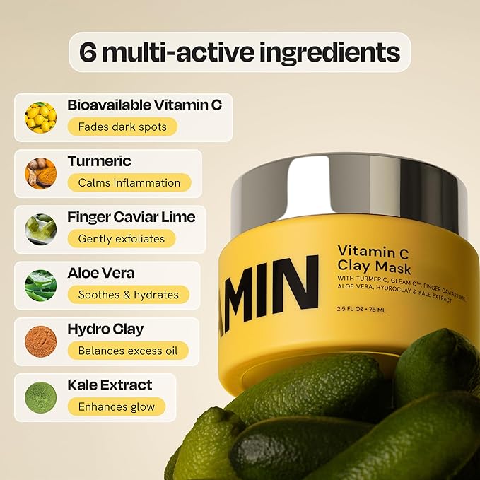 Gleamin Vitamin C Clay Mask for Dark Spots, Turmeric Clay Face Mask Skin Care, Deeply Cleanses & Refines Pores, Brightens Uneven Tone and Helps Improve Post-Blemish Scarring & Texture - 5 Oz