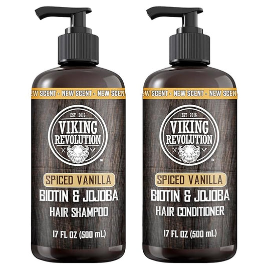 Viking Revolution Spiced Vanilla Mens Shampoo and Conditioner Set with Biotin and Jojoba Oil - Natural Hair Shampoo and Hair Conditioner for Men with Vitamin B5 - Mens Shampoo for Thinning Hair (17Oz)