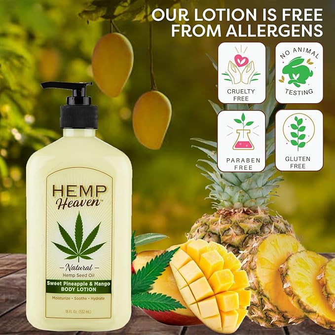 Hemp Heaven Lotion - Moisturizing Body Lotion with Natural Hemp Seed Oil & Pineapple & Mango Scent, 18 oz, Paraben-Free Hemp Lotion for Women & Men, Made in USA, Soothes & Nourishes