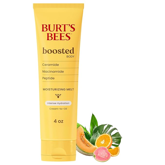 Burt's Bees Boosted Body Moisturizing Melt With a Ceramide, Niacinamide and Peptide Complex, Intense Skin Hydration, Cream-to-Oil Body Lotion Helps Support Skin Barrier, Tropical Scented, 4 oz. Tube
