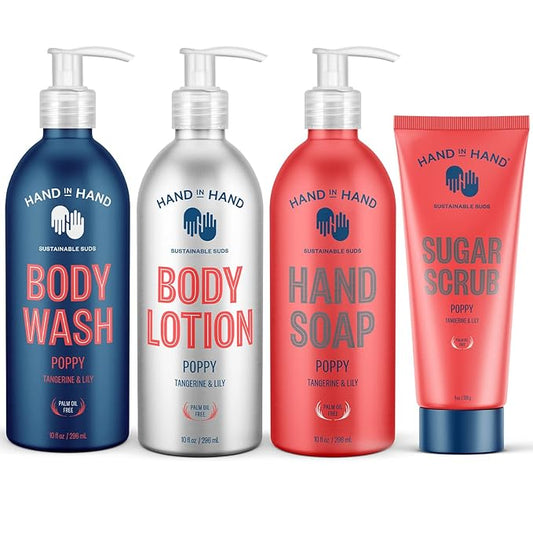 Hand in Hand Body Wash, Body Lotion, Liquid Hand Soap, and Sugar Scrub Combo Pack, Tangerine & Lily, Poppy Scent