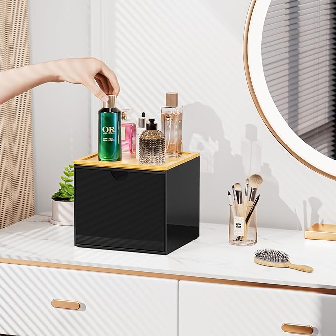 VITVITI Drawer Disposable Face Towel Holder Box, Acrylic Facial Towel Container for XL Clean Skin Club, Large Disposable Face Towels Storage with Bamboo Lid, for Bathroom, Vanity Makeup, Black