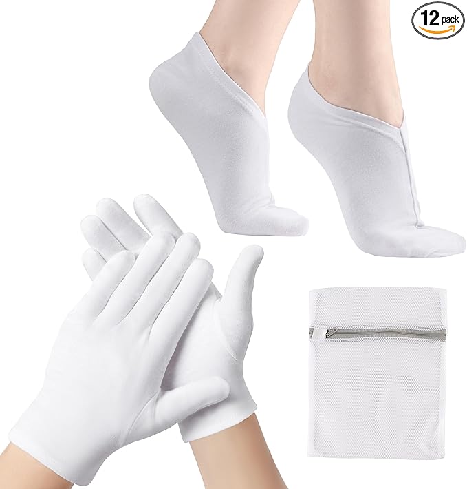 12 Pairs Cotton Moisturizing Gloves and Socks Set (1 Washing Bag Included), Dry Hands Feet Overnight Lotion SPA Treatment, Eczema Skin Friendly, Breathable and Soft Glove Liners for Summer