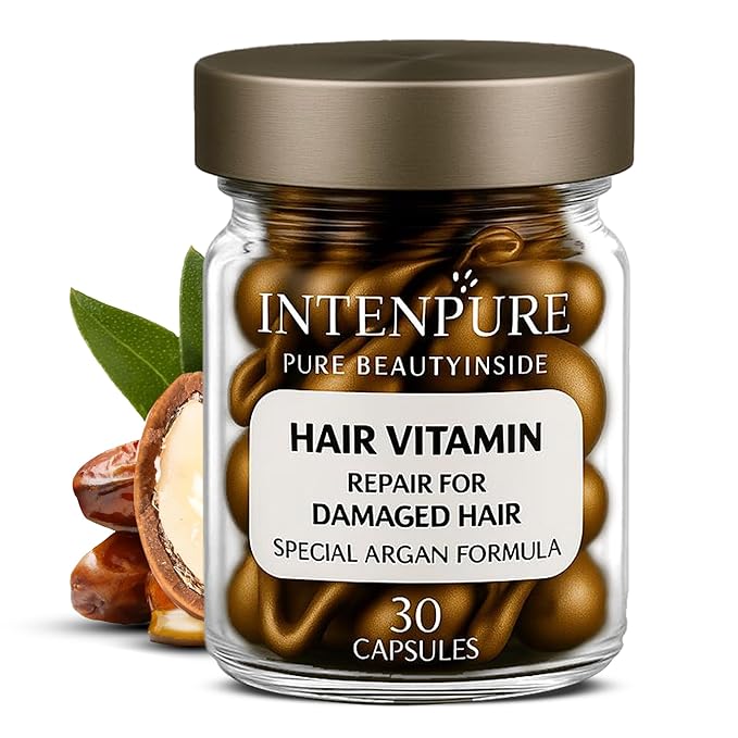 INTENPURE Hair Vitamin Capsules for Women – No Wash Argan Oil Hair Serum Treatment – 30 Ampoules for Damaged, Color-Treated, Frizzy Hair – Vitamins for Hair Growth & Hair Loss Support