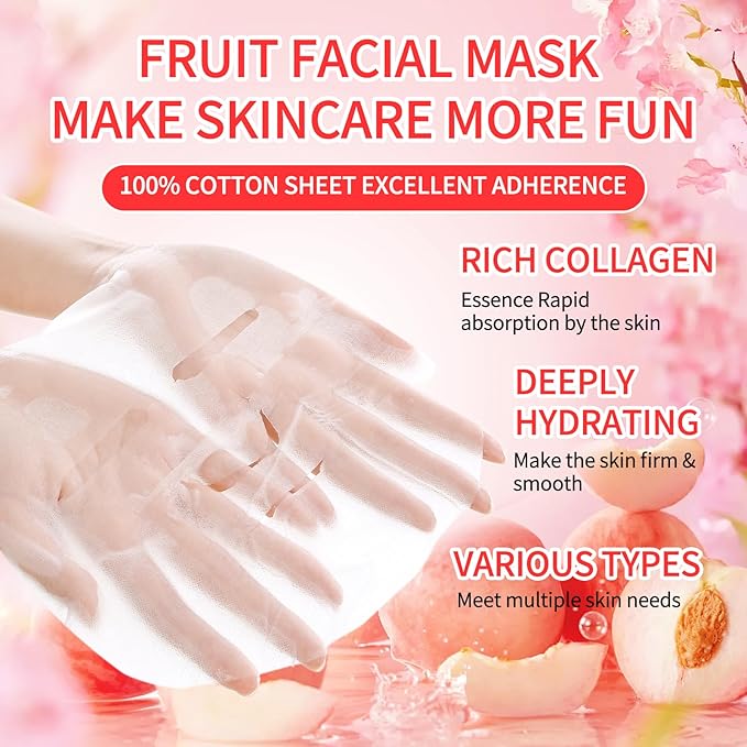 10 Pack Sheet Face Masks Skincare, Moisturizing Soothing Facial Sheet Masks with Peach Extracts, Hyaluronic Acid and Clean Ingredients, Nourish for All Skin Types, Birthday Gifts for Women
