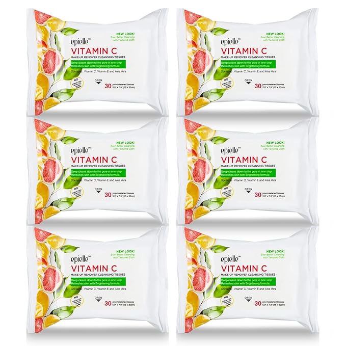 Epielle New Makeup Remover Cleansing Wipes Tissue - Cucumber 30 Count 6 Pack | Gentle for all Skin Types | Daily Facial Cleansing Towelettes | Removes Dirt, Oil, Makeup (Vitamin C)