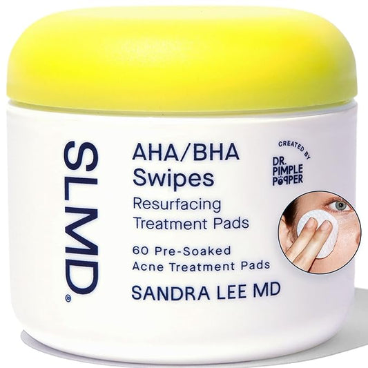 SLMD by Dr. Pimple Popper - AHA BHA Toner Pads Swipes, Salicylic Acid, Glycolic Acid & Lactic Acid - Daily Resurfacing Pads for Face & Body - Facial Exfoliating Resurface, Treat, and Prevent Acne