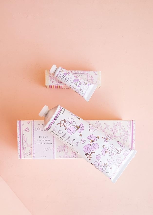 LOLLIA Relax Handcreme Bundle, 4 oz. & .33 oz. – Lavender & Honey – Scented Hand Cream for Women, Moisturizing Hand Lotion for Dry Hands, Shea & Cocoa Butter, Quick Absorbing Lotion, Travel Lotion