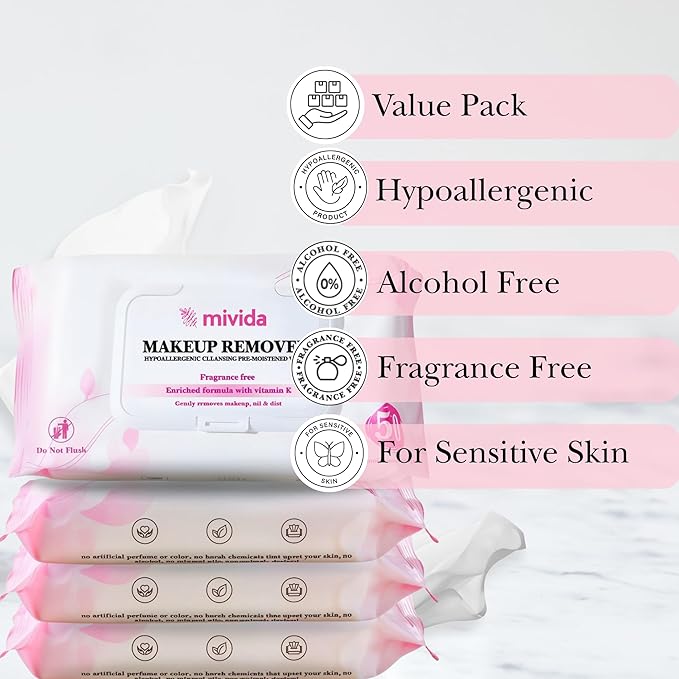 mivida Hypoallergenic Makeup Remover Wipes with Vitamin E | 4x50 count Total 200 bulk make up removing Wipes | Fragrance Free makeup wipes