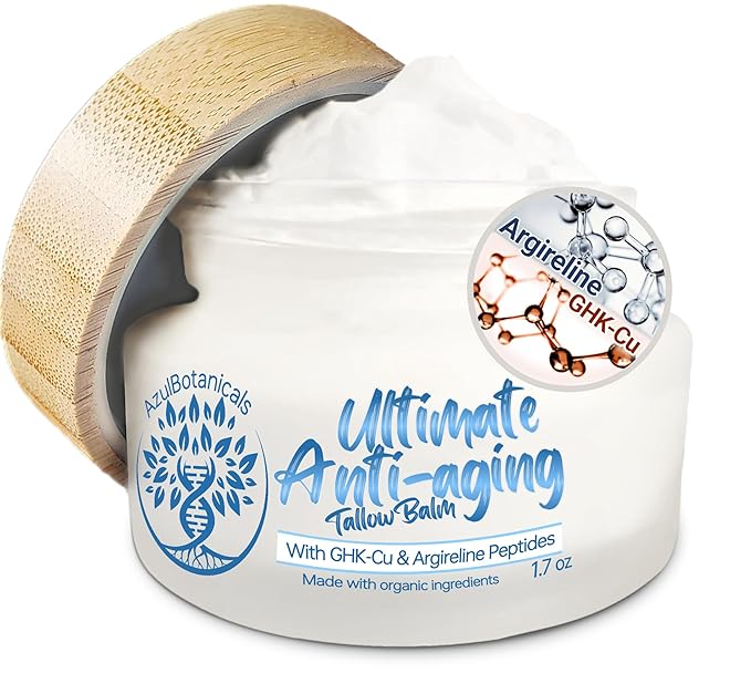 Ultimate Anti-Aging Tallow Balm Made with Organic Ingredients and Infused with Copper Peptide (GHK-Cu) and Argireline Hexapeptide, Black Seed Oil, Apricot Seed Oil
