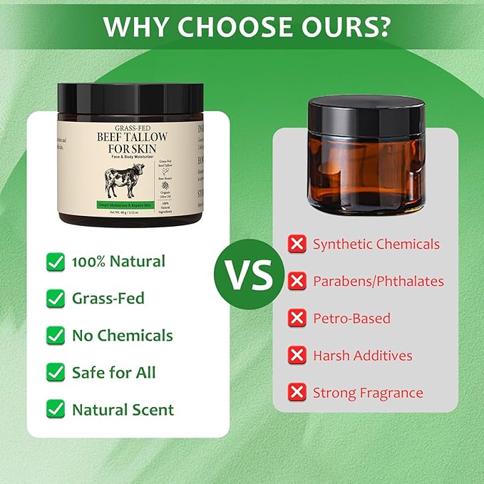 Beef Tallow for Skin, 100% Organic Grass-Fed Whipped Beef Tallow & Honey Balm, Deeply Moisturizing Face & Body Cream for All Skin Types, 2.12 OZ