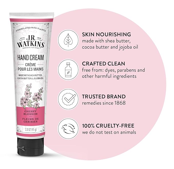 J.R. Watkins Natural Moisturizing Hand Cream, Hydrating Hand Moisturizer with Shea Butter, Cocoa Butter, and Avocado Oil, Cruelty Free, 3.3oz, Cherry Blossom, 3 Pack