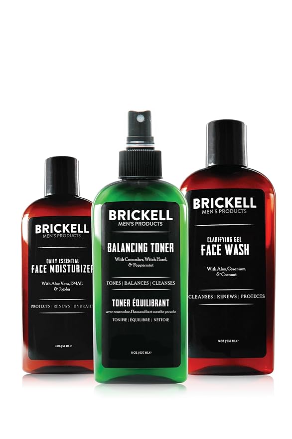 Brickell Men's Daily Face Cleanse Routine for Oily Skin, Alcohol Free Toner, Gel Facial Wash and Moisturizer, Natural and Organic, Scented