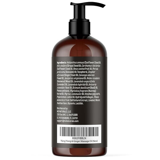 Ylang Ylang + Ginger Lymphatic Drainage Massage Oil – with Collagen & Stem Cells for Circulation, Detox & Cellulite Removal – Body Oil for Muscle Relief, Skin Firming & Relaxation – 8oz by M3 Naturals